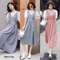 J17130 เอี๊ยมเดรสแขนกุดลายสก๊อต + เสื้อแขนพอง Plaid sleeveless bib dress + puff sleeve shirt