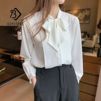 Spring Womens Korean Style Solid Chiffon Shirts Bow Collar Long Sleeve All-match Elegant Casual Office Tops Lady 2021 T16602X