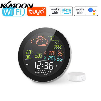 KKmoon Tuya สถานีสภาพอากาศวัดอุณหภูมิในบ้าน/สำนักงาน,นาฬิกาแสดงตัวเลขดิจิทัลอเนกประสงค์ Wifi เครื่องวัดอุณหภูมิกลางแจ้งและในร่มมาตรวัดความชื้นนาฬิกาตั้งโต๊ะคาดการณ์สภาพอากาศเข้ากันได้กับชีวิตอัจฉริยะ