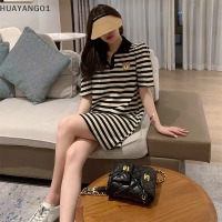 HUAYANG01 [2023 new HOT FASHION] lazlook ชุดเดรสสั้นแขนสั้นลายทางคอพับลงสำหรับผู้หญิงเดรสลำลองฤดูร้อน