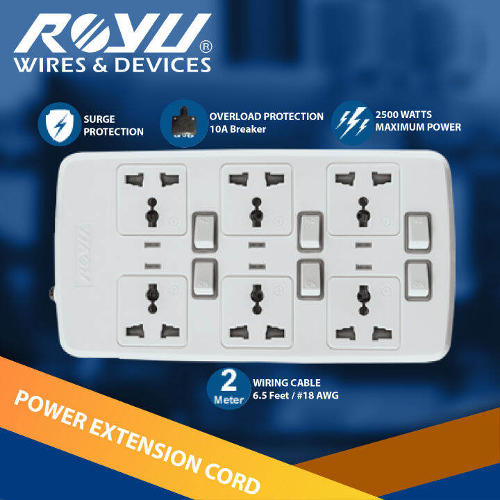 Royu Power Extension Cord Overload and Surge Protected 6 Outlets w