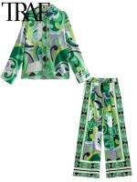 TRAF Suit  Summer Set Women 2 Piece Beach Trouser Printed Long Sleeve Green Blouse Straight Pants Tall Satin Casual