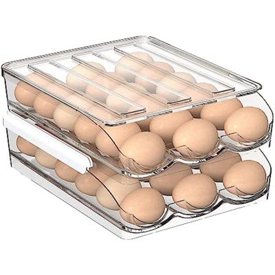 2Layer Egg Holder for Refrigerator,Automatic Rolling Egg Storage Box,Clear Plastic Egg Container Organizer Bin with Lids