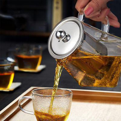 【มีในสต็อก/พร้อมที่กรอง】กาน้ำชาแก้วสี่เหลี่มโบโรซิลิเกตใสขนาด350มล./550มล./750มล./950มล. พร้อมที่กรองที่กรองชาสเตนเลสสำหรับใบชาแยกออกได้บาน