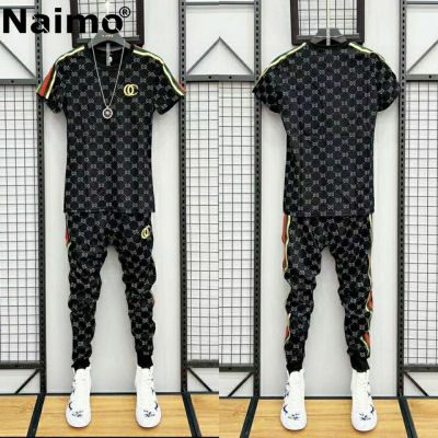 ❀♙۩ hnf531 Naimo Summer Suit Male Print Stitching Short-sleeved T-shirt Sports and Leisure One Set of Handsome Slim Trend Two-piece Suit