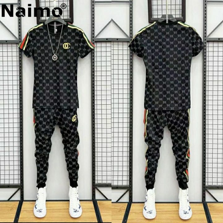 hnf531-naimo-summer-suit-male-print-stitching-short-sleeved-t-shirt-sports-and-leisure-one-set-of-handsome-slim-trend-two-piece-suit