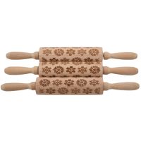 THLT1B Christmas Wooden 3D Rolling Pins, Embossing Rolling Pin with Engraved Christmas Themed Symbols for Baking Embossed Cookies,Rolling Pin Kitchen Tool