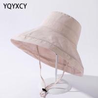 YQYXCY Bucket Hat Women Summer Spring Big Brim Sun Hat Fisherman Cap Korean Sunshade Windproof Rope Gorro Solid Color Sun