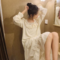 Womens Nightdress Long Sleeve Square Collar Vintage Cotton Nightgown Female Home Sleeping Dress Retro Palace Sleepwear Spring