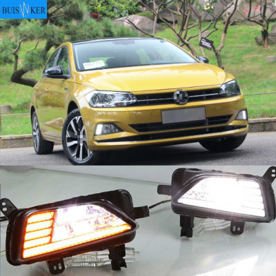 ไฟตัดหมอกแสงไฟเลี้ยวสีเหลือง12V LED รถ DRL อะไหล่รถยนต์สำหรับ Volkswagen Polo 2018 2019 87Tixgportz