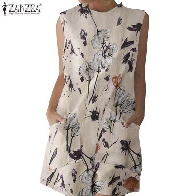 （A So Cute） คลื่น✎● ZANZEA เสื้อยืดคอกลมพิมพ์ลายกระเป๋าด้านข้างแขนกุดของผู้หญิงใส่ในฤดูร้อนจั๊มสูทผ้าฝ้าย