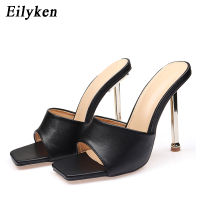 Eilyken 2021 Summer New Metal High Heels Women Slippers Cozy Pu Leather Mules Slides Sandals Sexy Square Toe Party Dress Shoes