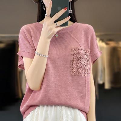 Womens Round Neck Thin Base Knitwear New Artistic Style Cotton Linen Short Sleeve Loose Slimming T-shirt 2023