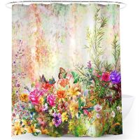 Elelink Floral Shower Curtain Vibrant Flowers Blossom Butterflies Bathroom Decor Water Repellent Polymer Bath Curtain with 12 Pcs Hooks