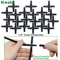 KESLA 10PCS 1/4 Barb Cross Barbed Connector for 4mm Micro Tubing for 4/7mm PVC Hose Garden Irrigation Hose Joint Adapter