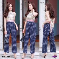 P7886  จั๊มสูทยาวโบว์หลังลายจุด  Long jumpsuit with bow in the back