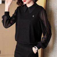 Womens Clothing Solid Color Blouse Korean Chiffon Patchwork Fashion Lace Turn-down Collar Spring Autumn Commute Loose Shirt New