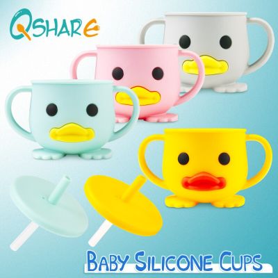 Qshare แก้วแก้วน้ำซิลิโคนสำหรับเด็กหัดดื่มสำหรับเด็กหัดเดินแก้วถ้วยให้อาหารพร้อมที่จับ