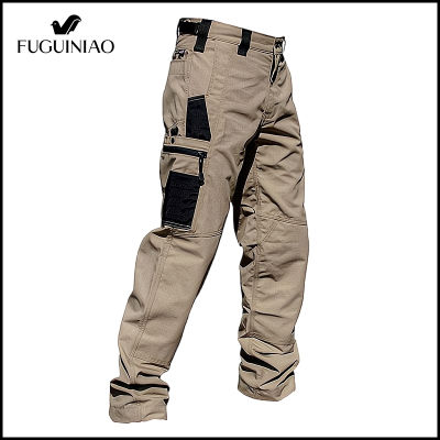 FUGUINIAO กางเกงสินค้าที่มีกลยุทธ์สำหรับผู้ชาย,กางเกงทรงคาร์โก้เดินเขาชุดทำงานกลางแจ้งกางเกงผ้ายืดยุทธวิธี