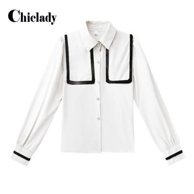 CHICLADY เสื้อสำหรับสตรีลำลองสีขาวปีเตอร์แพนคอสำนักงานเสื้อสตรีเสื้อผู้หญิงติดกระดุมฤดูใบไม้ผลิฤดูร้อน