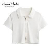 LAREINE เสื้อยืดสตรีสไตล์เกาหลี,เสื้อแขนสั้นคอปกสีพื้นมีซิป