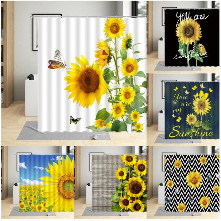 butterfly-sunflower-shower-curtains-nature-yellow-flowers-creative-grey-wooden-board-rural-plant-polyester-fabric-bathroom-decor