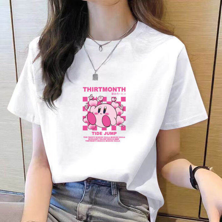 เสื้อยืดสำหรับผู้หญิงคอกลมแขนสั้นพิมพ์ลายการ์ตูนสีดำลำลองใหม่ฤดูร้อนเสื้อแฟชั่นสำหรับผู้หญิงหลวมง่ายสไตล์เกาหลี