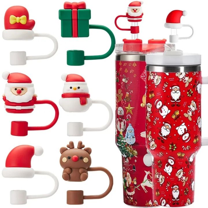 Christmas Straw Cover Silicone Tips Drinking Dust Cap Santa