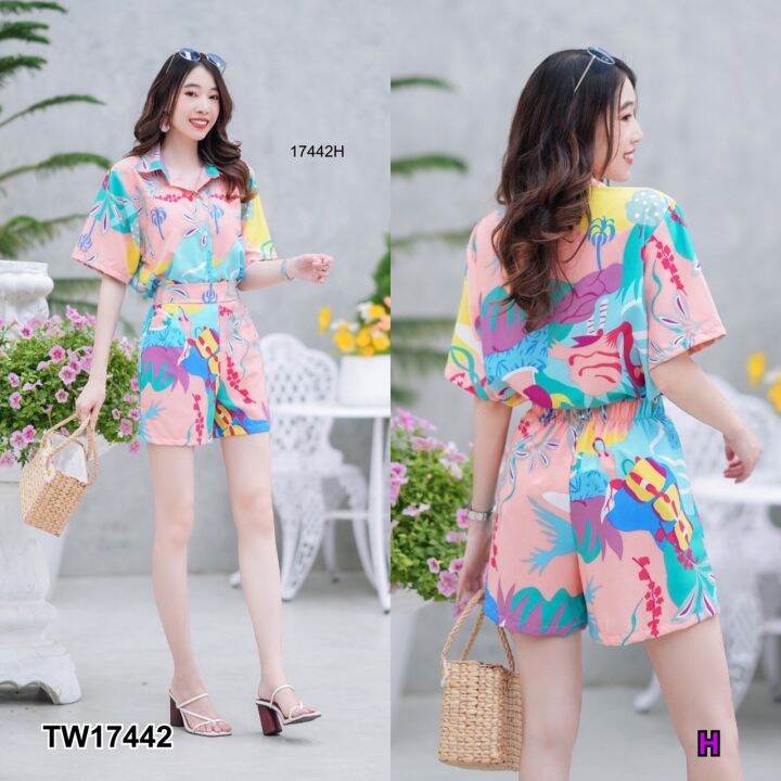 tw17442-set-2-ชิ้น-เสื้อเชิ้ตแขนสั้นพิมลาย-กางเกงขาสั้น