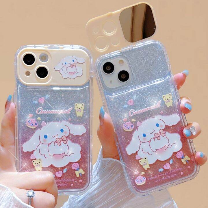 เคสโทรศัพท์มือถือแบบใส-กันกระแทก-ลายสุนัขชินนาม่อน-แต่งกลิตเตอร์-พร้อมกระจก-สีชมพู-สําหรับ-iphone-11-pro-max-12-13-14-pro-max-7-8-plus-se2020-xr-xs-max-xs-plus-max