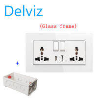 DELVIZ dual 3-hole 1A1C connector QC charging wall socket. The power supply is controlled by a switch. Glass frame, glass wall outlet. The dimensions are 146 mm x 86 mm. Compatible with any plug.