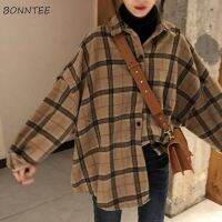 ✉﹍☬ Women Shirts Autumn Female Outerwear Woolen Plaid Soft Cozy Simple Elegant Office Korean Trendy Ulzzang Chic Ins Long Sleeve Top