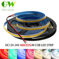 DC12V 24โวลต์สีขาว/อบอุ่นสีขาว/สีแดง/สีฟ้า/สีเขียว COB LED Strip ความหนาแน่นสูง480 Led/ เมตร1เมตร/3เมตร/5เมตร COB ยืดหยุ่นไฟ LED เทป LED