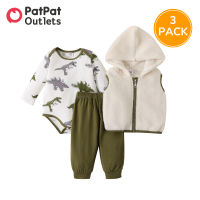 PatPat 3-Pack Baby Clothes New Born Boy Overalls Newborn Baby Stuff Infant Long-sleeve Dinosaur Romper Pants Fleece Vest Set