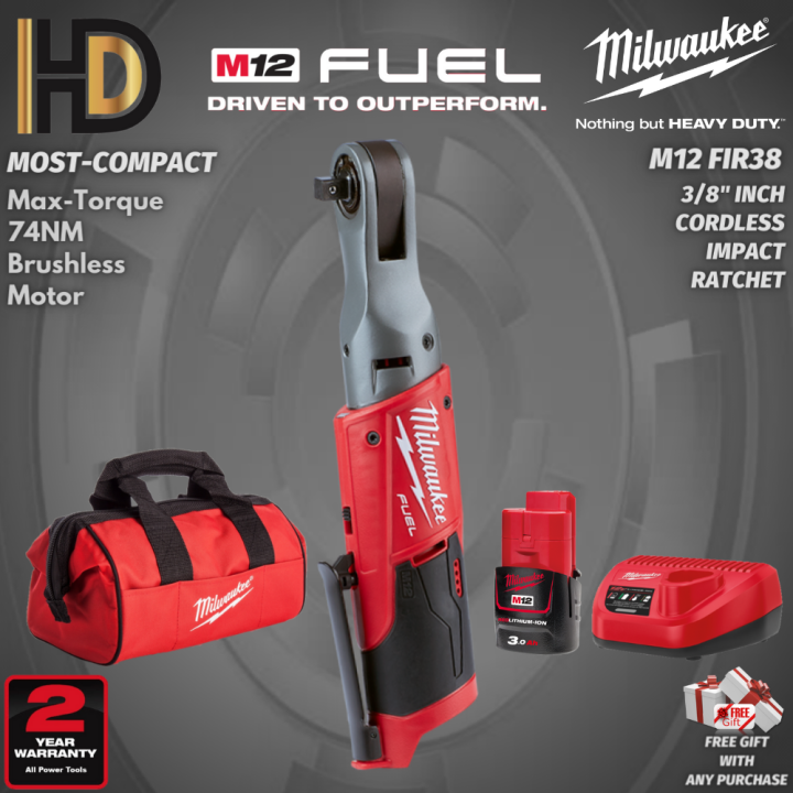 Milwaukee M12 FIR38 Fuel Compact 3/8" Impact Ratchet / Brushless Motor / Most Compact Impact
