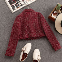 Fall Winter Vintage Gold Double-breasted Tweed Two Piece Set Women Tassel Woolen Cropped Jacket Coat + Mini Skirts Suits