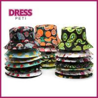 PETI DRESS คู่คู่กัน ลายผลไม้ ครีมกันแดดป้องกันแสงแดด แบบสองด้าน หมวกชาวประมงหมวก หมวกทรงถัง หมวกอ่างน้ำ การป้องกันแสงแดด