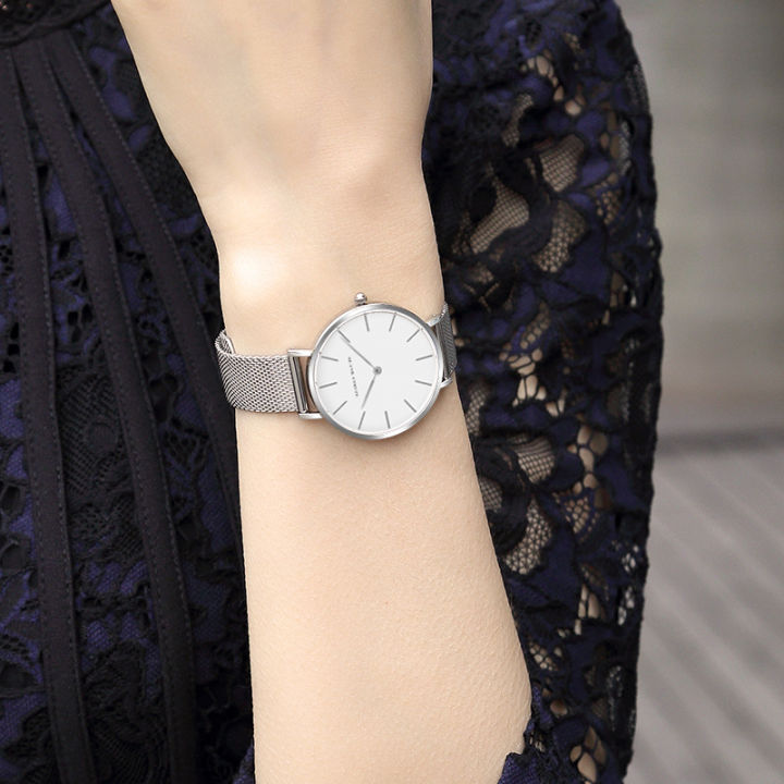 นาฬิกาควอทซ์ผู้หญิงสีโรสโกลด์แบบตาข่ายนาฬิกาผู้หญิงสแตนเลสนาฬิกาสุภาพสตรีกันน้ำได้จากญี่ปุ่น