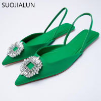 2021SUOJIALUN Fashion Brand Crystal Buckle Sandal Shoes Flat Heel Pointed Toe Slingback Shoes Slip On Mules Yellow Dress Pumps Shoes