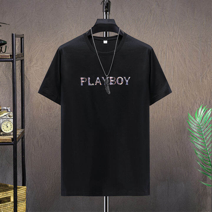 playboy-2021ผู้ชายผู้หญิงพิมพ์-lettersround-คอแขนสั้น-street-ฮิปฮอปผ้าฝ้ายบริสุทธิ์แท้เสื้อยืด