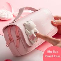 Cute Cat Decompression Pencil Case Big Pencil Box Portable Girls Pen Bag Double Layer School Pouch Kawaii Cosmetic Bag