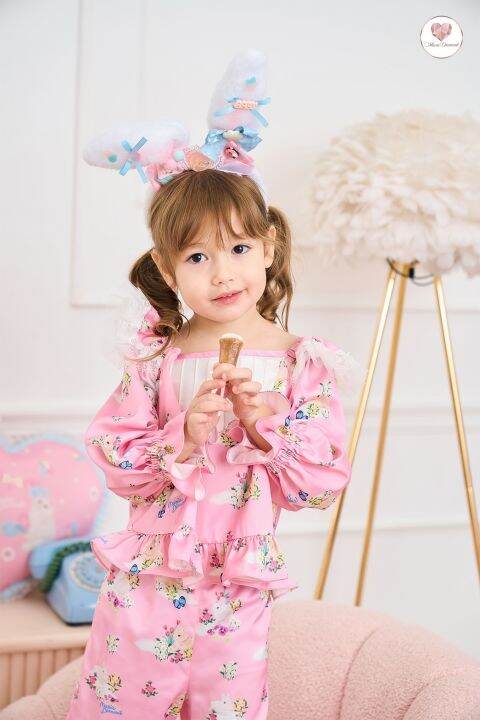 mariadiamond-สีชมพู-kids-goodnight-bunny-pajamas-เด็ก-ผ้าไหมซาตินพิมพ์ลาย-ชุดนอน-เบาสบาย-ระบายอากาศ-ไม่คัน-ไม่ร้อน