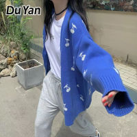 Du Yan เสื้อกันหนาวผู้หญิงคอวี,เสื้อคาร์ดิแกนแบบถักยาวปานกลางแขนยาวเสื้อแจ็คเก็ต