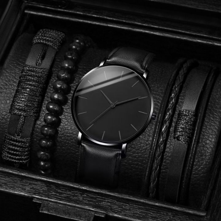 ชุดนาฬิกาหน้าปัดควอตซ์ทรงกลมสีดำธุรกิจที่สวยงามนาฬิกาข้อมือสำหรับผู้ชายของขวัญวันวาเลนไทน์วันหยุด