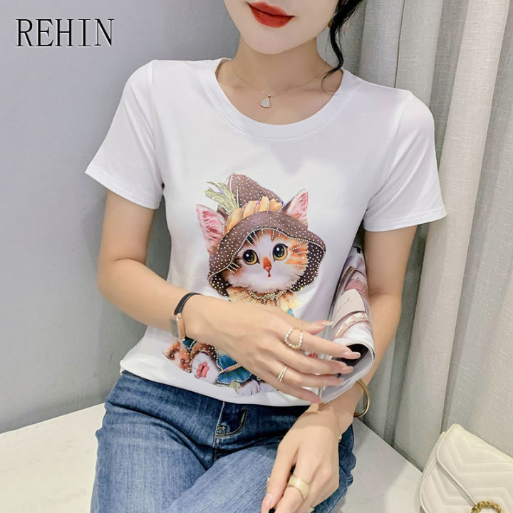 rehin-women-s-top-heavy-duty-diamond-stamping-cartoon-cat-printing-short-sleeved-t-shirt-slim-fit-niche-elegant-blouse