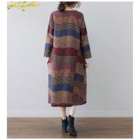 WomenS Printed Round Neck Long-Sleeved Casual Loose Cotton And Linen Dress