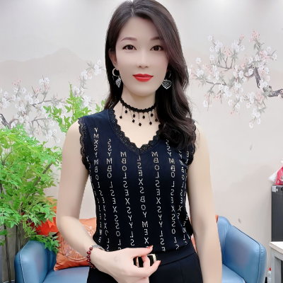 เสื้อกล้ามผู้หญิงแขนกุดคอวีลูกไม้พลอยเทียม2023ใหม่สไตล์เกาหลีเสื้อลำลองสุภาพสตรีโอเวอร์ไซส์ทรงหลวม