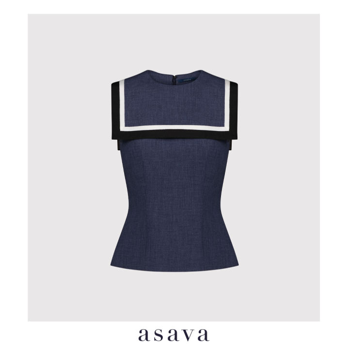 asava-aw22-steffanie-sailor-collar-blouse-เสื้อผู้หญิง-ปกกะลาสี-ตกแต่งแถบผ้าลายทาง