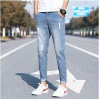 【28-36】Ankle-length skinny ripped jeans denim pants for men