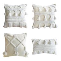 Nordic Morocan Textured Boho Throw Pillow Case Tufted White Tassel Striped Decorative Cushion Cover for Couch Sofa